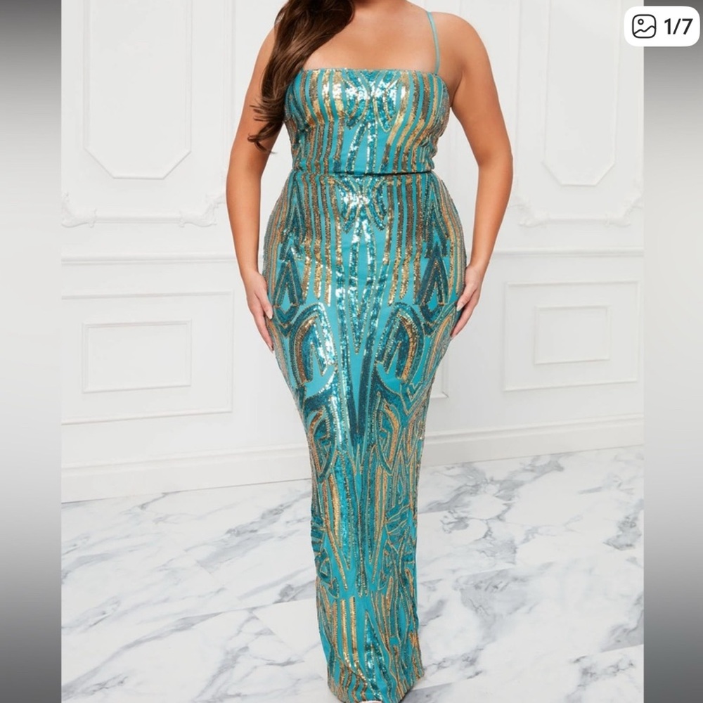 Elegant Teal and Gold Sequin Gown